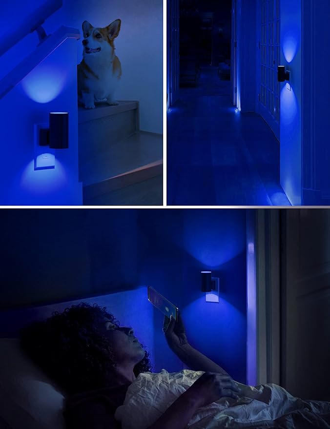 L LOHAS LED Blue Night Light, Night Lights Plug into Wall, Dimmable Nightlight, Light Sensor, Calm Blue Nightlights for Bluey Bathroom Decor, Home Decor, Party, Holiday, Bedroom, Hallway, 2 Pack