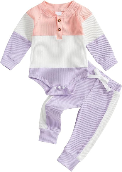 Thorn Tree Newborn Infant Baby Girl Clothes Ribbed Knitted Long Sleeve Romper Long Pants Stretchy Fall Outfits