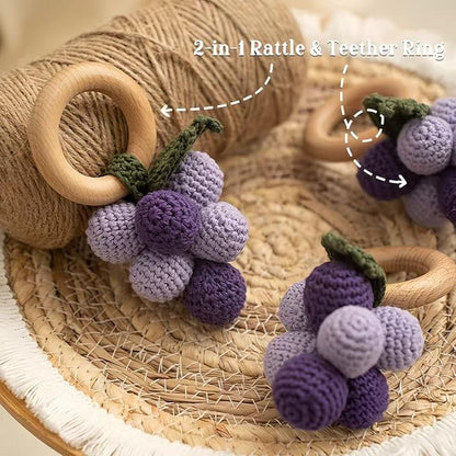 Wooden Baby Rattle Toys Stuffed Crochet Rattle with Teether Ring for Newborn Babies Fruit Wooden Teether Toy Infant Toddler Handcrafted Crochet Rattles Cute Shower Gifts for Boy and Girls