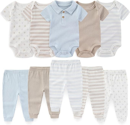 Baby Boy Girl 10 Piece Combined Type Clothing Set Cotton Baby Bodysuits and Pants Set Home Outdoor Infant Clothes