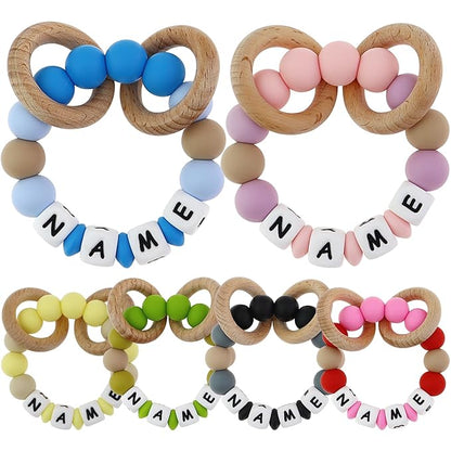 Personalized Baby Gift-Teether Ring With Name,Custom Teether Rattle For Boys Girls, Silicon Teething Wooden Ring