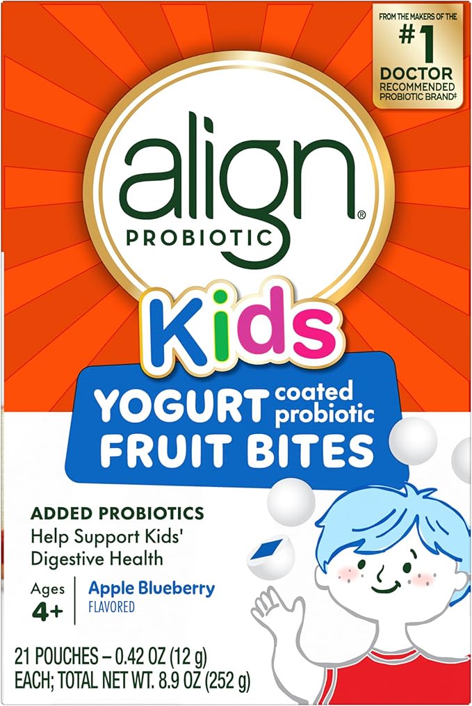 Align Probiotic, Kids Yogurt Coated Probiotic Fruit Bites, Added Probiotics Help Support Kids' Digestive Health, Apple Blueberry Flavored, 21 Individually Wrapped Pouches, 105 Bites