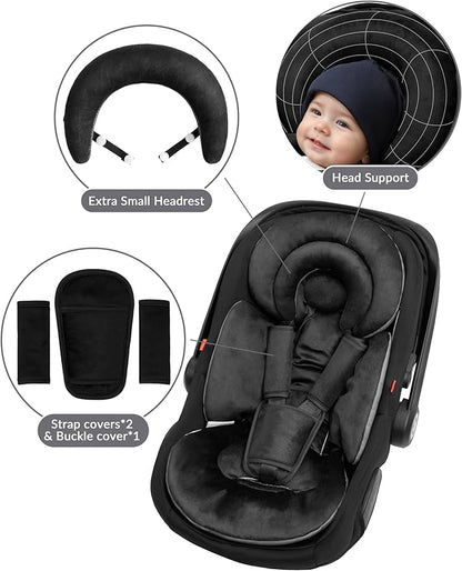 Infant Car Seat Insert with Removable Cushion for Preemie to Toddler, Reversible Newborn Carseat Insert for Baby Head Body Support, Fits for Stroller, Baby Swing, Bouncer (Pure Black)