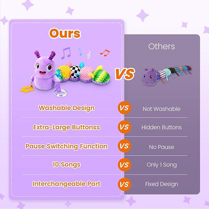 Baby Toys 0-6 Months, Washable Baby Musical Caterpillar Toys with 10 Kid's Songs,Rattles,BabyTeething Toys,Suitable for 0-6, 6-12 Months Infant Tummy Time Toy,Newborn Baby Boy&Gril Gifts(Purple)