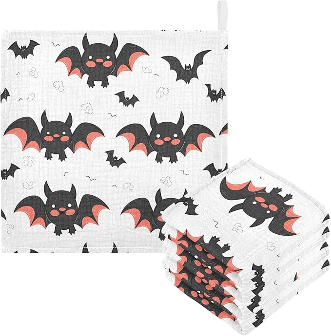 vvfelixl Cute Bats Cartoon Baby Burp Cloths Baby Muslin Washcloths for Boys Girls Cotton Baby Face Towel for Newborn Infants Soft and Absorbent 11.8 X 11.8 in, 5 Pack