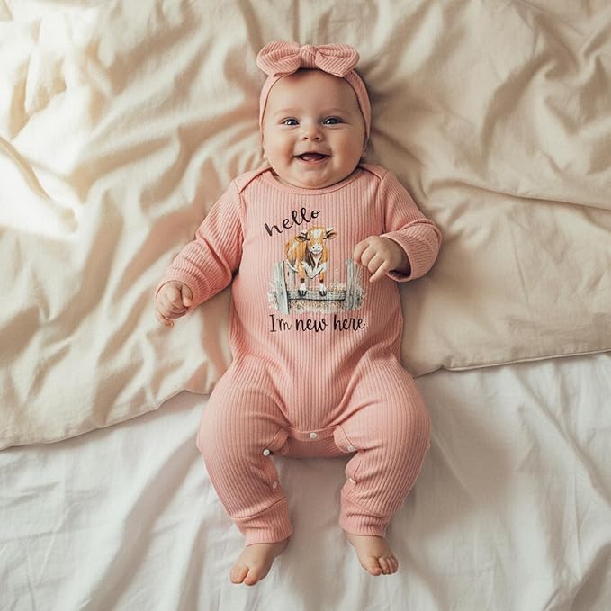 WZTYYDS Newborn Baby Girl Clothes Ribbed Romper Print Long Sleeve Jumpsuits Bow Headband Set Infant One-piece Outfits