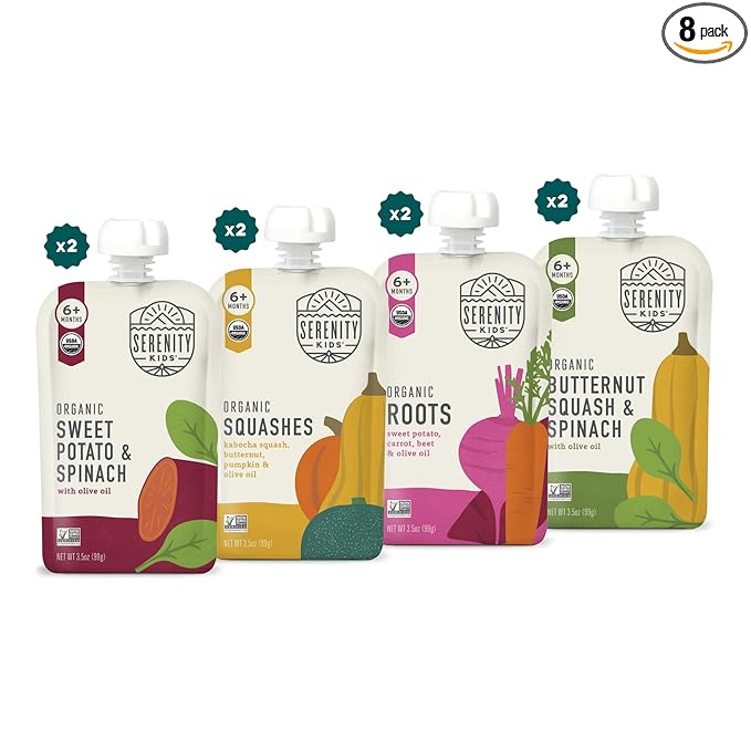 Serenity Kids 6+ Months Veggie Puree Baby Food Pouches - USDA Organic Baby Food - BPA-Free Allergen-Free Toddler Pouches - On-the-Go Toddler Meals - 3.5 Oz, 8 Pack