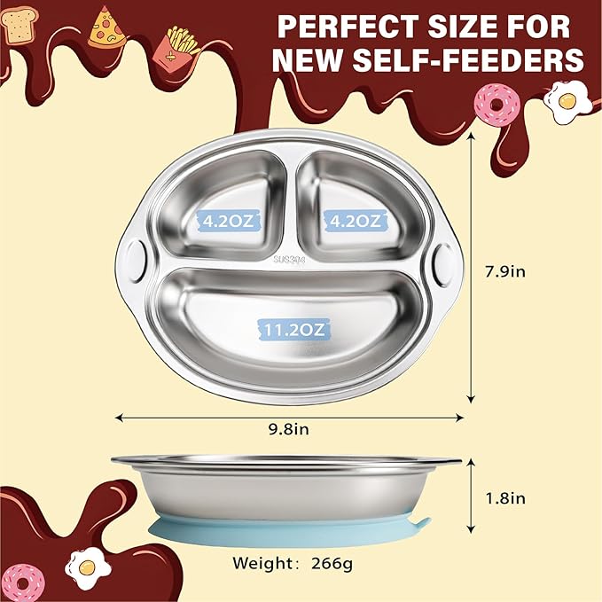 MR. CHOU Stainless Steel Baby Suction Plate, Divided Plates for Babies & Toddlers, 100% Food Grade Kids Plates for Baby Led Weaning, BPA Free Toddler Feeding Supplies, Dishwasher Safe, Blue