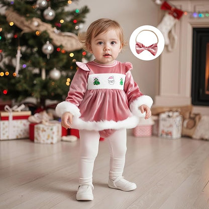Hnyenmcko Newborn Baby Girl Christmas Clothes Infant Red Plaid Romper Dress Ruffle Long Sleeve Ribbed Bodysuit Headband Set