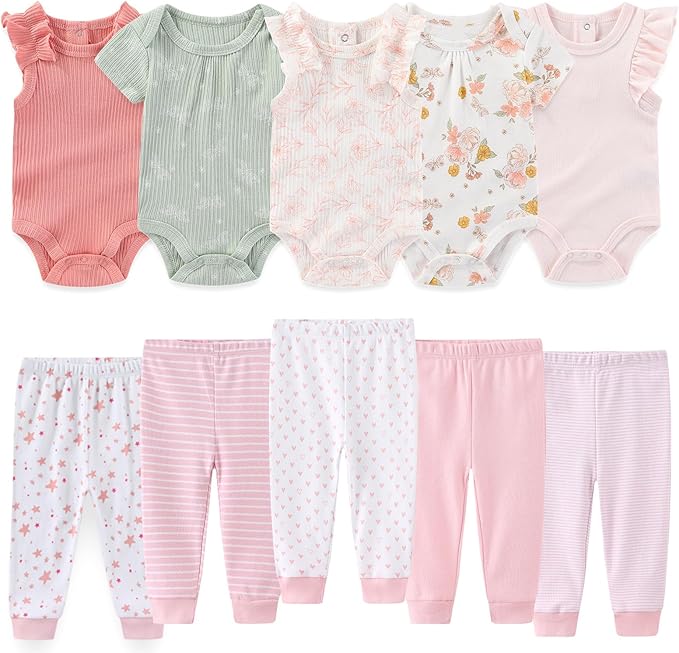 Baby Boy Girl 10 Piece Combined Type Clothing Set Cotton Baby Bodysuits and Pants Set Home Outdoor Infant Clothes