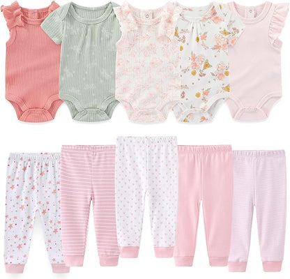 Baby Boy Girl 10 Piece Combined Type Clothing Set Cotton Baby Bodysuits and Pants Set Home Outdoor Infant Clothes