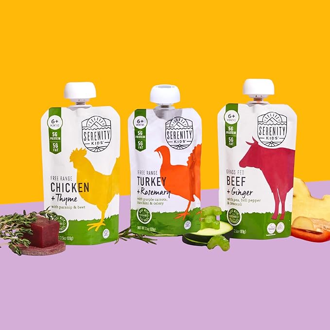 Serenity Kids 6+ Months Chicken Baby Food Pouches - 5g Protein With Organic Chicken - No Added Sugar & Veggie Pouches - On-The-Go Baby Meals - 3.5 Oz, 12 Pack