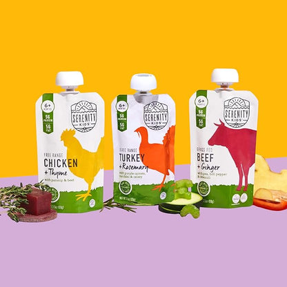 Serenity Kids 6+ Months Baby Food Pouch - Chicken & Thyme - 5g Protein Baby Meat Pouch - Organic Parsnip & Beet Puree - Savory Toddler Snacks - 3.5 Oz, 6 Pack