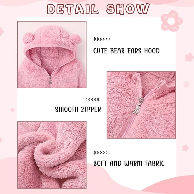 Baby Toddler Boys Girls Fleece Jacket with Hood Zip Up Cute Bear Coats for Infant Boys Girls Fuzzy Jacket with Ear 1-5T