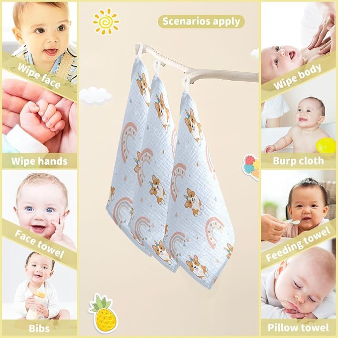 vvfelixl Baby Muslin Washcloths Corgi Hearts Rainbows Baby Burp Cloths Cotton Baby Face Towel for Newborn Infants Boys Girls Soft and Absorbent 11.8 X 11.8 in, 3 Pack