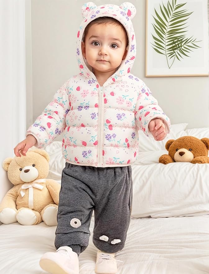 Happy Cherry Infant Baby Cute Cartoon Prints Winter Jacket Bear Ear Hood Warm Puffer Coat 6M-4T