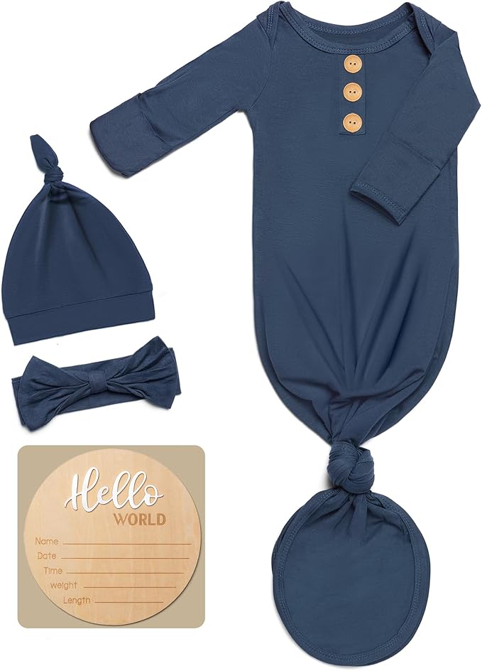 Soft Baby Knot Gown 0-3 Months, Newborn Announcement Sleepers With Mitten Cuffs and Personalized Wooden Name Tag