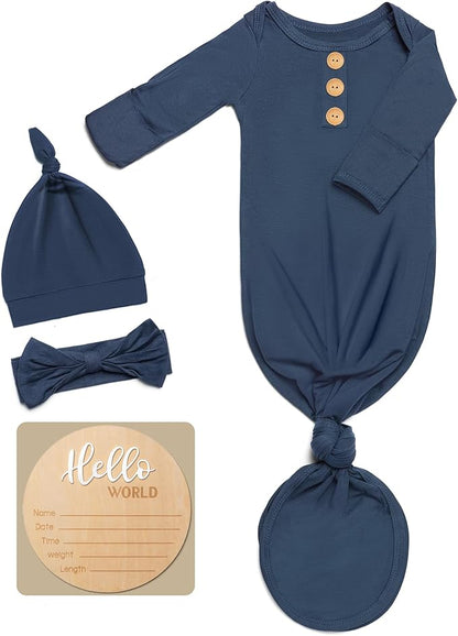 Soft Baby Knot Gown 0-3 Months, Newborn Announcement Sleepers With Mitten Cuffs and Personalized Wooden Name Tag