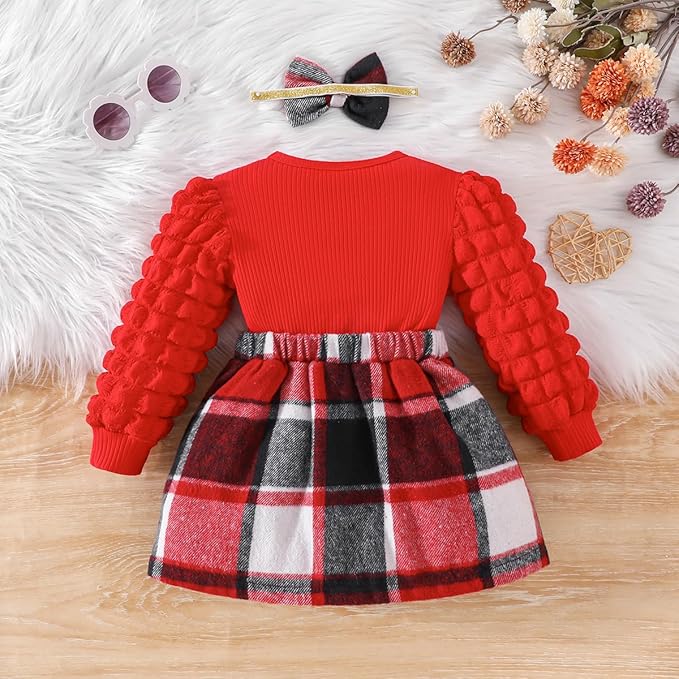 Toddler Baby Girl Plaid Dress Puff Sleeve Bow Patchwork Ribbed Shirts Dress Plaid Fall Winter Outfits with Headband