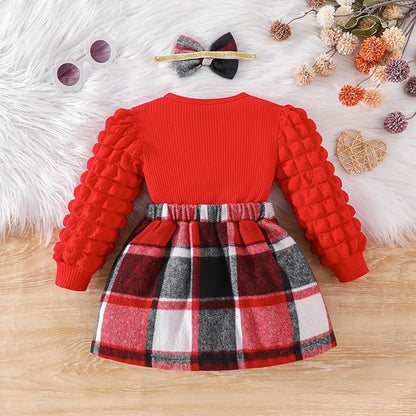 Toddler Baby Girl Plaid Dress Puff Sleeve Bow Patchwork Ribbed Shirts Dress Plaid Fall Winter Outfits with Headband