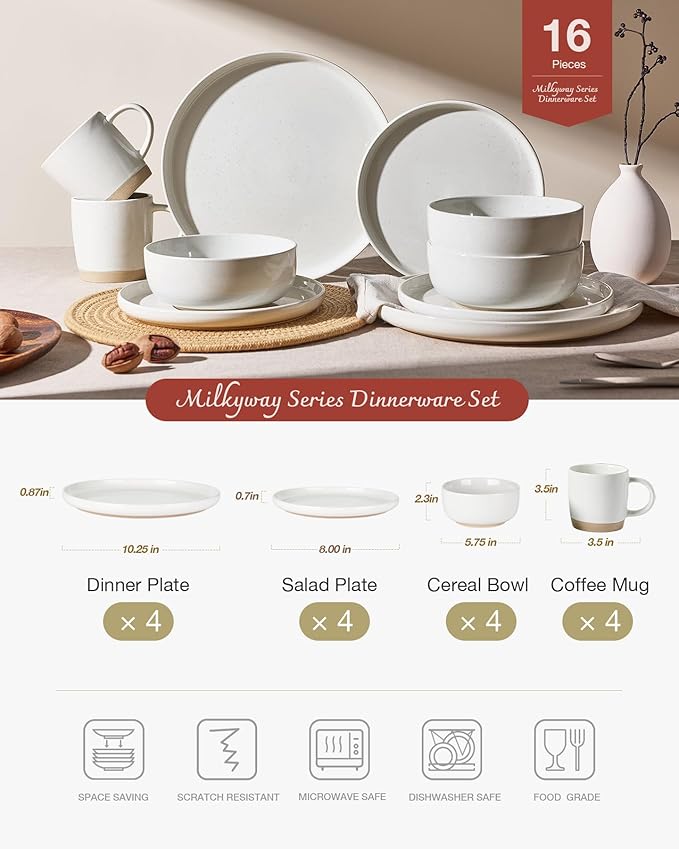 Famiware Milkyway Stoneware Dinnerware Sets with Mugs, Service for 4 (16pcs), Plates and Bowls Sets, Scratch Resistant, Microwave and Dishwasher Safe Dishes Set, White