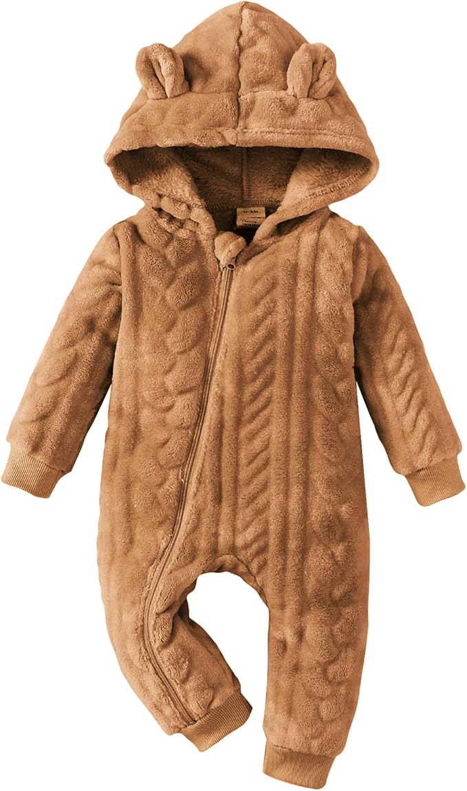 Saeaby Newborn Baby Girl Boy Clothes Fall Winter Infant Long Sleeve Fleece Jumpsuit Romper Hooded Baby Snowsuit Bear Outfit