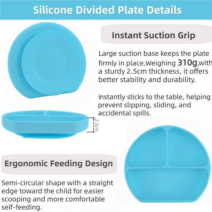 Personalized Name Food Grade 6pcs Baby Feeding Set with Spoon, Fork,Silicone Suction Bowls,Cup,Plate,and bib BPA Free - First Stage Self Feed (Color Blue Y9)