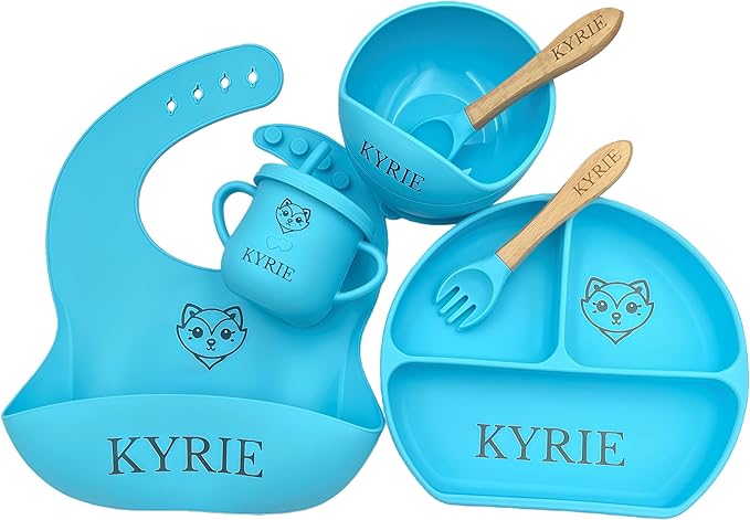 Personalized Name Food Grade 6pcs Baby Feeding Set with Spoon, Fork,Silicone Suction Bowls,Cup,Plate,and bib BPA Free - First Stage Self Feed (Color Blue Y9)