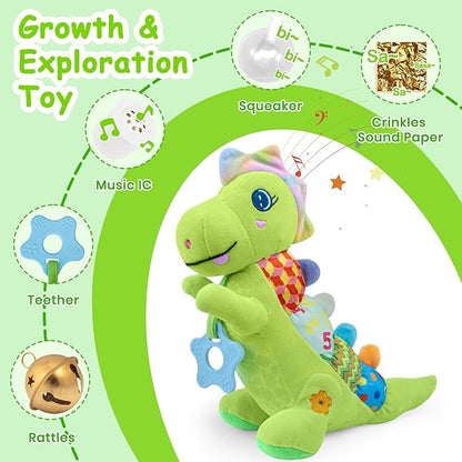 Baby Dino Plush Soft Stuffed Animal Toy for 0-3-6-12+ Months,Infant Musical Toy with Rattle,Squeaker,Sensory Crinkle,Teether & Textures,Tummy Time Toys Christmas Baby Gift for Newborn Girl Boy (Green)