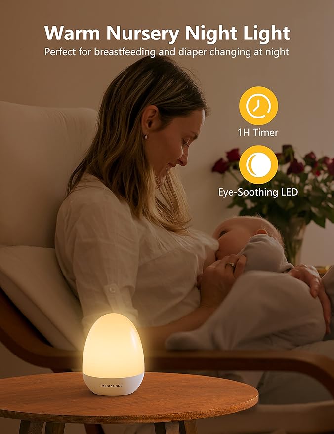 MediAcous Night Lights for Kids Room, Egg Light for Nursery with Stable Charging Pad, Dimmable Baby Night Light with 1H Timer & Touch Control, ABS+PC LED Egg Night Light for Breastfeeding, Up to 200H