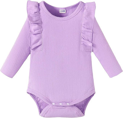 0-24M Infant Ribbed Romper Baby Girls Knit Ruffle Bodysuit Toddler Girl Solid Color Jumpsuit Holiday Shirt Tpos