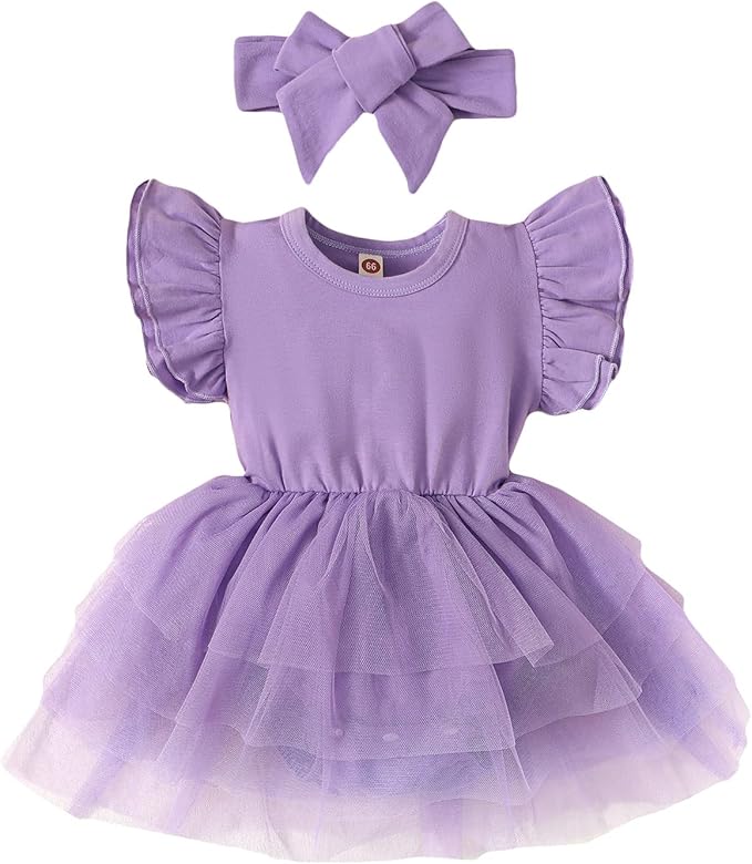 Baby Girl Clothes Infant Ruffle Sleeve Romper Dress Newborn Solid Tutu Skirt Sets Jumpsuit Headband Outfit