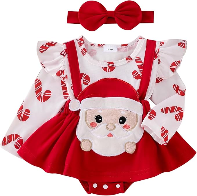 Newborn Christmas Outfit Baby Girl Plaid Romper Dress Infant Ruffle Long Sleeve Ribbed Bodysuit Headband Clothes
