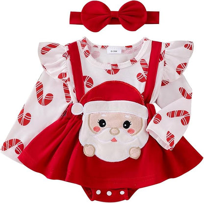 Newborn Christmas Outfit Baby Girl Plaid Romper Dress Infant Ruffle Long Sleeve Ribbed Bodysuit Headband Clothes