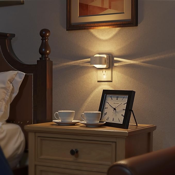 Briignite Night Light Projector, LED Night Lights Plug into Wall, 180° Rotating Night Light for Kids, Dusk to Dawn Sensor, 0-150LM Dimmable, Warm White Ambient Lighting for Bathroom, White, 2 Pack