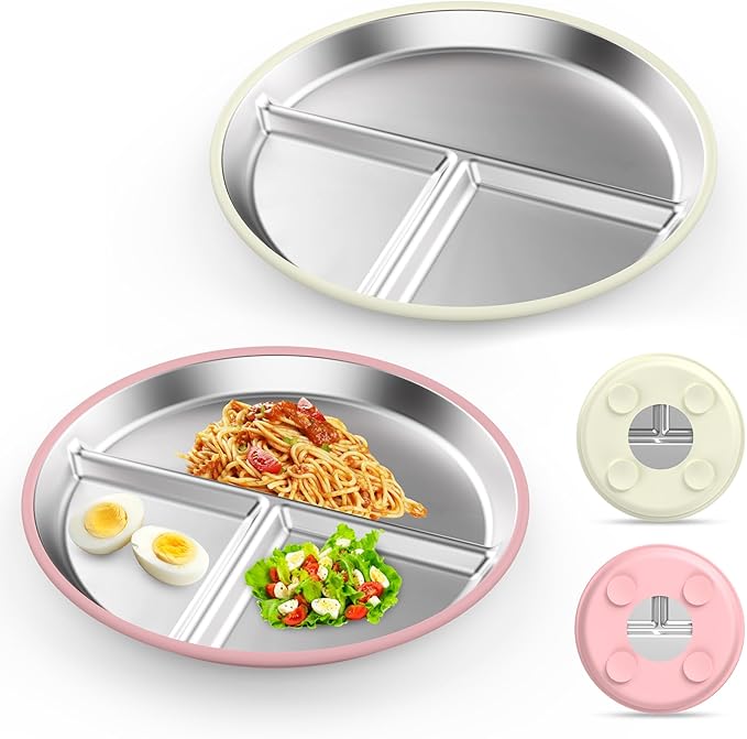 Stainless Steel Kids Plates (2 Pack): 9" Divided Plates with Silicone Suction for Babies, Unbreakable Dinner Dishes for Toddlers, Non Toxic, BPA Free, Anti-Slip, Dishwasher Safe (Pink & Yellow)