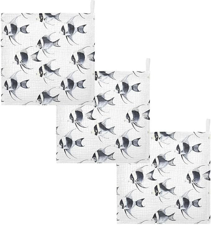 vvfelixl Black and White Angelfish Baby Burp Cloths Baby Muslin Washcloths for Boys Girls Cotton Babys Face Towel for Newborn Infants Soft and Absorbent 11.8 X 11.8 in, 5 Pack