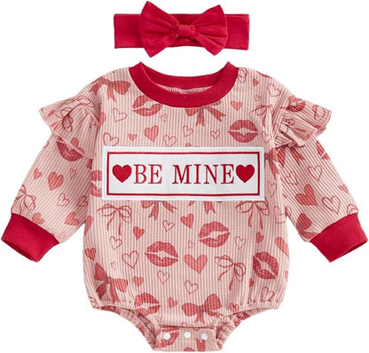 Newborn Baby Girl Valentines Day Outfit Ruffles Bow Footie Long Sleeve Romper Jumpsuit Bodysuit Overalls Fall Clothes
