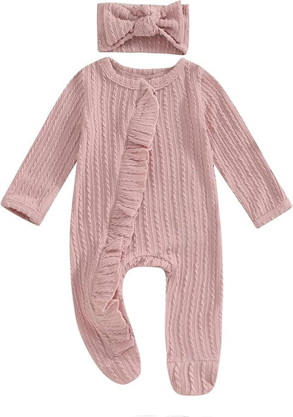 Newborn Baby Girl Fall Winter Outfits Clothes Knit Jumpsuit Ruffle Romper Newborn Coming Home Outfit for Baby Girl