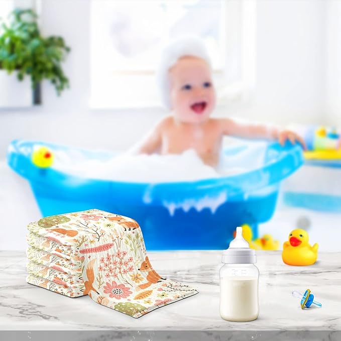 vvfelixl Baby Washcloths Cotton Foxes and Flowers Flesh Colored Baby Muslin Washcloths Soft Baby Face Towel for Newborn Infants Baby Wipes, 11.8 X 11.8 Inch, 5 Pack