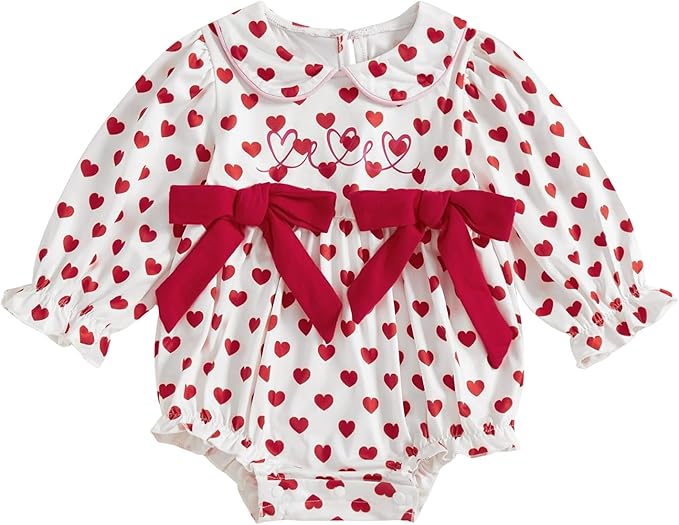 WASAIGOOD Newborn Baby Girl Valentines Romper Infant Doll Neck Bubble Sleeve Bodysuit Heart Outfit Baby Valentines Day Onesie
