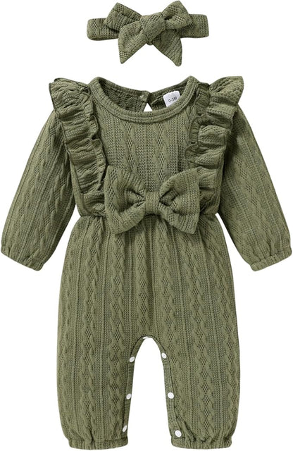 Happy Town Baby Girl Romper Infant Fall Winter Clothes Ruffle Sweater Long Sleeve Bodysuit Jumpsuit and Headband