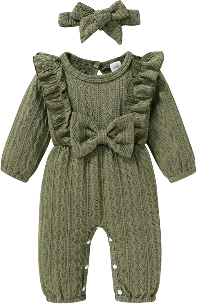 Happy Town Baby Girl Romper Infant Fall Winter Clothes Ruffle Sweater Long Sleeve Bodysuit Jumpsuit and Headband