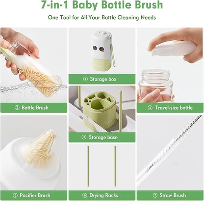 Baby Bottle Brush Set - Baby Bottle Cleaner Kit with Nipple Brush, Silicone Bottle Brush, Straw Cleaner Brush, Soap Dispenser, Bottle Drying Rack - 7 in 1 Bottle Cleaning Tool Set for Home and Travel