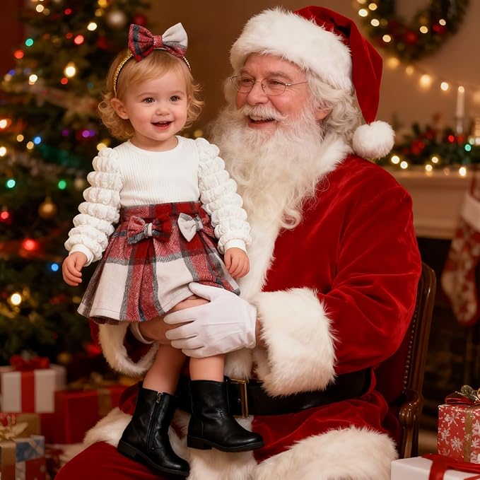 Toddler Baby Girl Plaid Dress Puff Sleeve Bow Patchwork Ribbed Shirts Dress Plaid Fall Winter Outfits with Headband