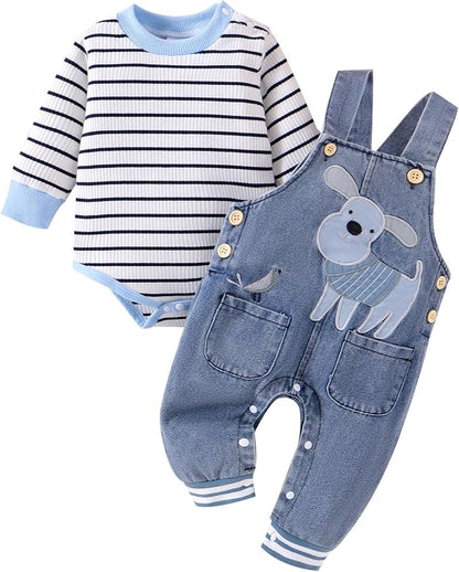 Baby Boy Clothes Fall Winter Outfits Long Sleeve Striped Romper Cute Cartoon Jeans Overalls Pants Set 0-18 Months