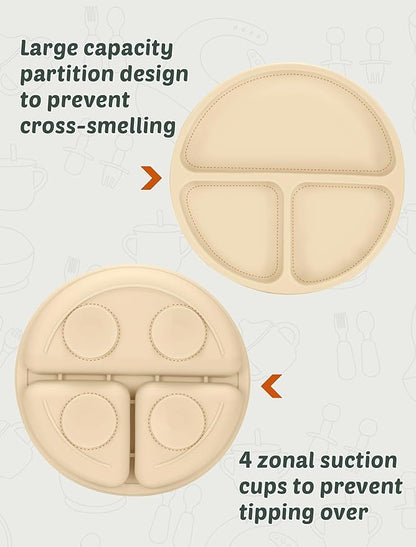 Silicone Baby Feeding Set, 18PCS Baby Led Weaning Supplies, Eating Essentials Utensils with Suction Plate and Bowl, Adjustable Silicone Bib, for 6+ Months (Blue+Beige)