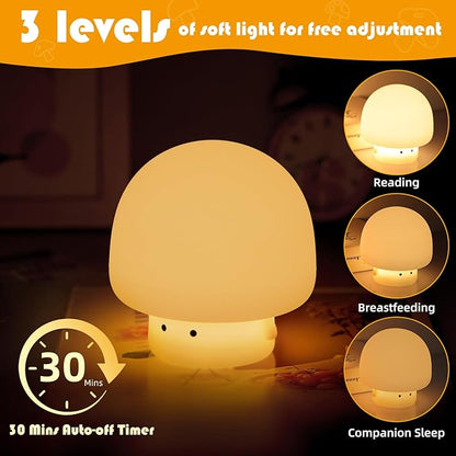 YISUN Mushroom Night Light, Cute Silicone Nightlight for Baby Toddler, Rechargeable LED Nursery Lamp with Timer, 3 Level Dimmable Soft Squishy Night Lamp Gift for Bedroom Kids Room Decor
