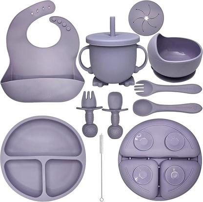 Baby Led Weaning Supplies | 10 Piece Silicone Feeding Set | Baby Toddler Bib Cup Divided Plate and Bowl Self Feeding Spoons Dish Set | Baby Utensils | Toddler Feeding Supplies (Lavender)