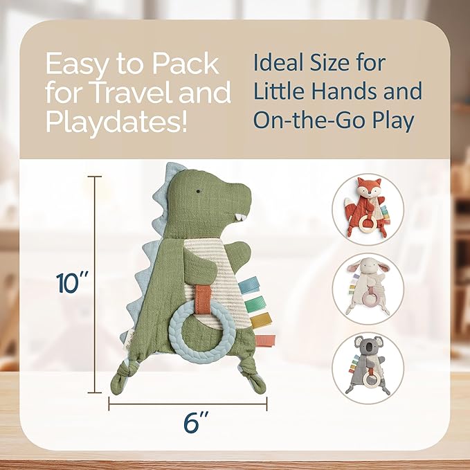 Itzy Ritzy - Bitzy Crinkle Sensory Toy for Babies & Toddlers — Features Crinkle Sound, Soft Braided Teething Toy Ring & Textured Ribbons — Gender Neutral Baby Item for Ages 0 Months & Up, Dinosaur